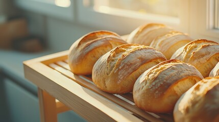 Golden Fresh Bread Cooling on Rack - Perfect Lighting, Low Angle Shot