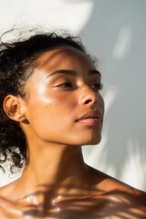Naklejka premium Natural lady beauty skincare wellness soft shiny glow radiant skin dark hair sun-kissed summer melanin curls holistic spa hydration aesthetic self-love plain background chic female 