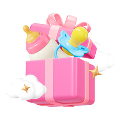Baby birthday gifts png, 3D bottle & pacifier remix, transparent background