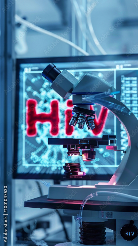 Aufkleber A microscope with a computer screen behind it that says HIV