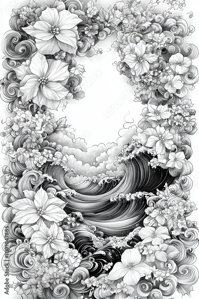 Poster an elegant design showcases waves, intertwining flowers, and dynamic clouds, all rendered in black a