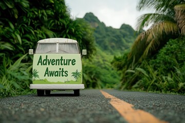 Vintage van on a tropical road with lush greenery, inviting adventure ahead.