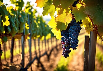 vibrant vineyard landscape showcasing lush green vines abundant ripe grape clusters under clear...