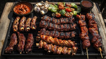 A dynamic image of a barbecue spread featuring various marinated meats, including chicken wings, beef kebabs, and pork ribs, ready for grilling.