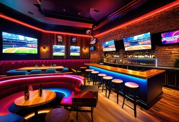 vibrant sports bar layout featuring dynamic design lively engaging ambiance inviting atmosphere, decor, seating, lighting, colors, furniture, walls, art