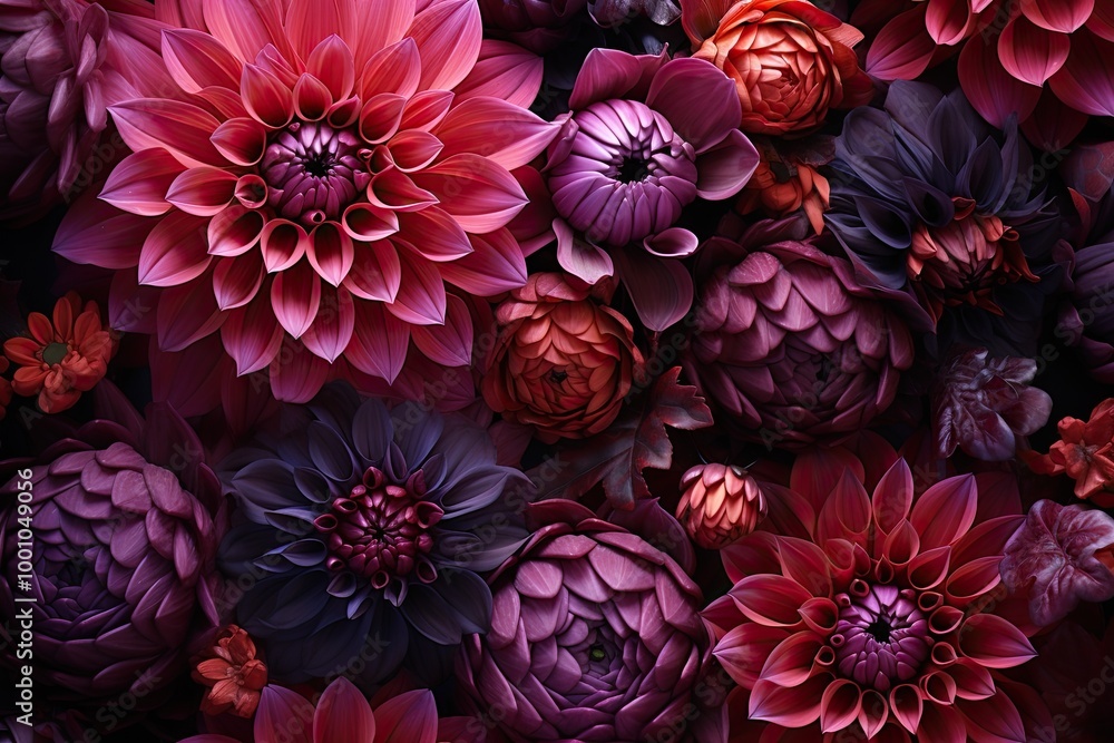 Aufkleber this striking composition showcases a multitude of dahlias in deep red and purple hues, creating a l