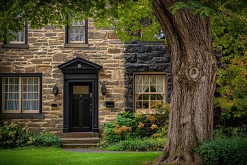 Charming stone cottage with lush garden and towering tree