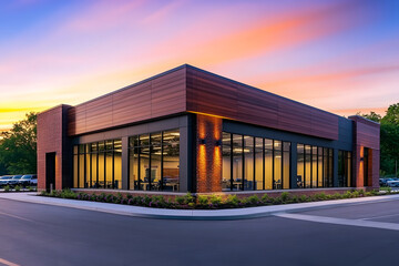 Obraz premium A contemporary dental clinic features a blend of brick and wood with expansive windows, all set against the backdrop of a beautiful sunset