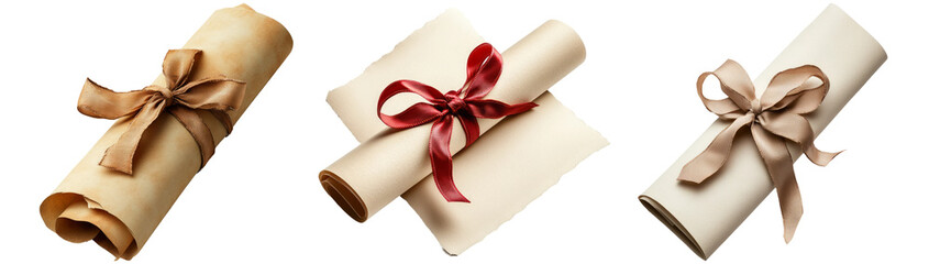 Elegant Scrolls with Ribbons for Announcements or Gifts Isolated on Transparent Background