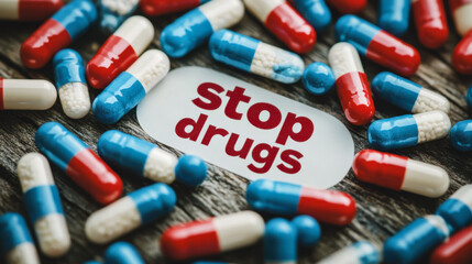 A vibrant collection of colorful pills surrounding a wooden sign advocating to stop drug use on a textured surface