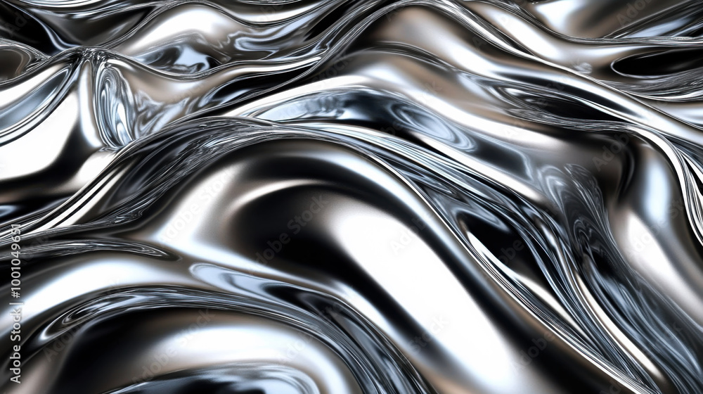 Poster shiny metallic surface with smooth waves reflecting light in a dynamic pattern