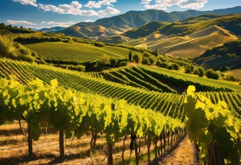 Fototapeta premium vibrant vineyard landscape abundant grape vines undulating hills under clear blue sky, abundance, agriculture, countryside, cultivation, crops, earth