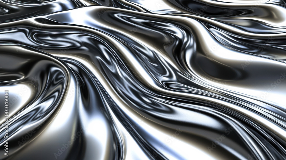Poster shiny metallic surface with smooth waves reflecting light in a dynamic pattern