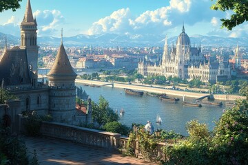 Obraz premium Scenic view of historic city skyline with ornate architecture and boats on river