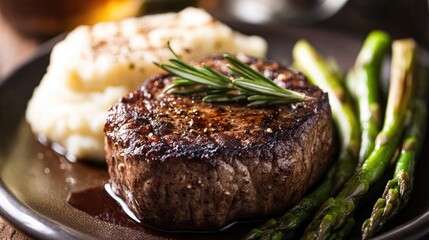 A gourmet steak dinner featuring a beautifully seared filet mignon, garnished with rosemary and served with mashed potatoes and steamed asparagus.