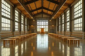 Interior of a wooden chapel with rows of benches