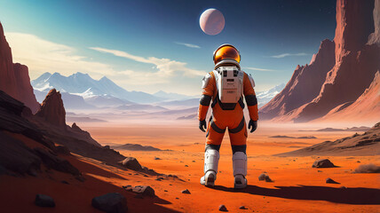 Back view of an astronaut in saffron-colored space suit walks across red planet’s surface, with vast red soil & towering mountains ahead. Large planet looms in sky, surrounded by dramatic white clouds