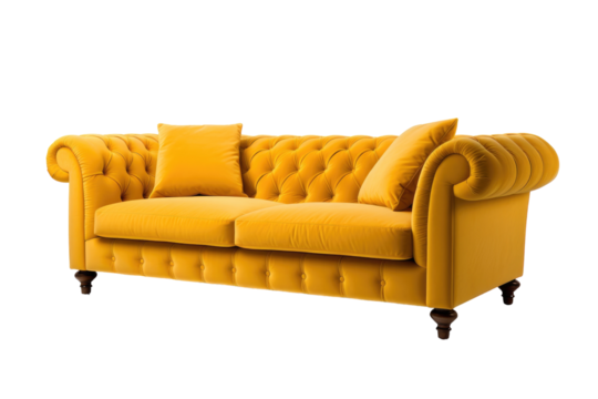 Modern yellow Sofa with Plush Cushions and Wooden Legs Isolated on Transparent Background