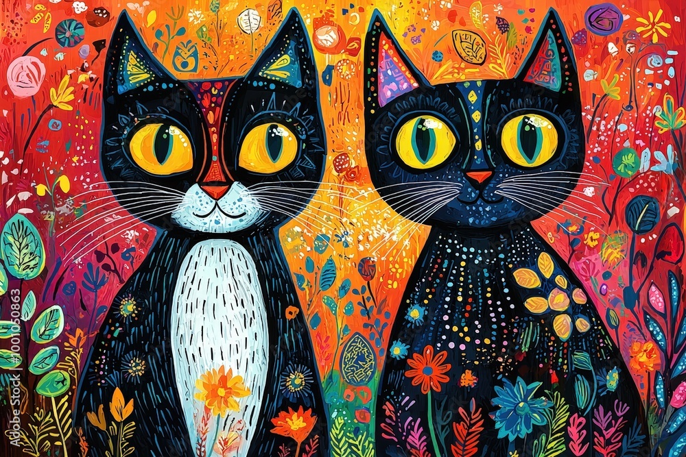 Poster two whimsical cats with striking eyes stand amidst a lively backdrop of colorful flowers and foliage
