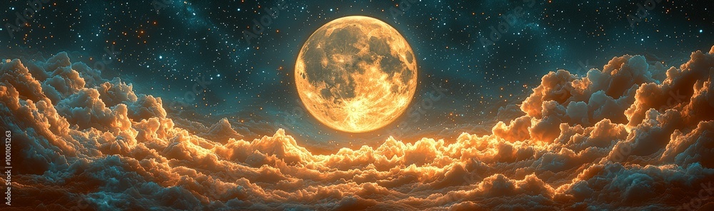 Aufkleber a vivid full moon shines brightly against a backdrop of twinkling stars, casting an orange glow over