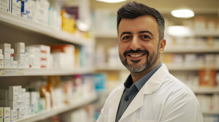 Obraz premium Friendly pharmacist assisting customers in a busy pharmacy filled with health products during the day