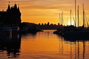 Fototapeta premium Stunning sunset over a harbor with sailboats