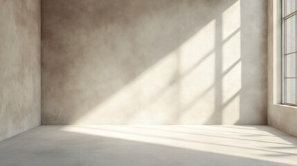Minimalist interior with light streaming through a large window, creating shadows on the wall and floor.