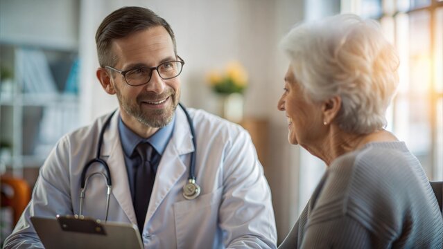 Caring man doctor talking and consult satisfied elderly female patient at clinic , doc doing regular checkup consultation to senior woman client