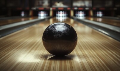 Bowling ball on a lane, pins in the background.