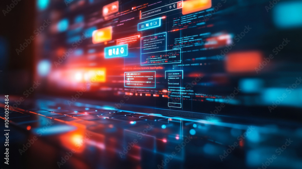 Poster colorful digital interface displaying complex data and analytics in a futuristic setting during nigh