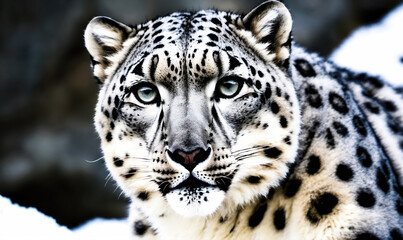 Fototapeta premium A snow leopard stares intensely at the camera, its white and black fur contrasting with the snowy background
