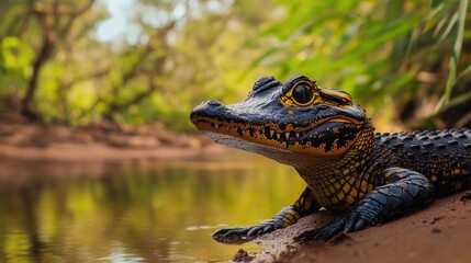 Fototapeta premium A baby crocodile dressed in traditional Aboriginal Australian body paint, resting by a calm riverbank. Its bright and curious eyes reflect the natural surroundings.
