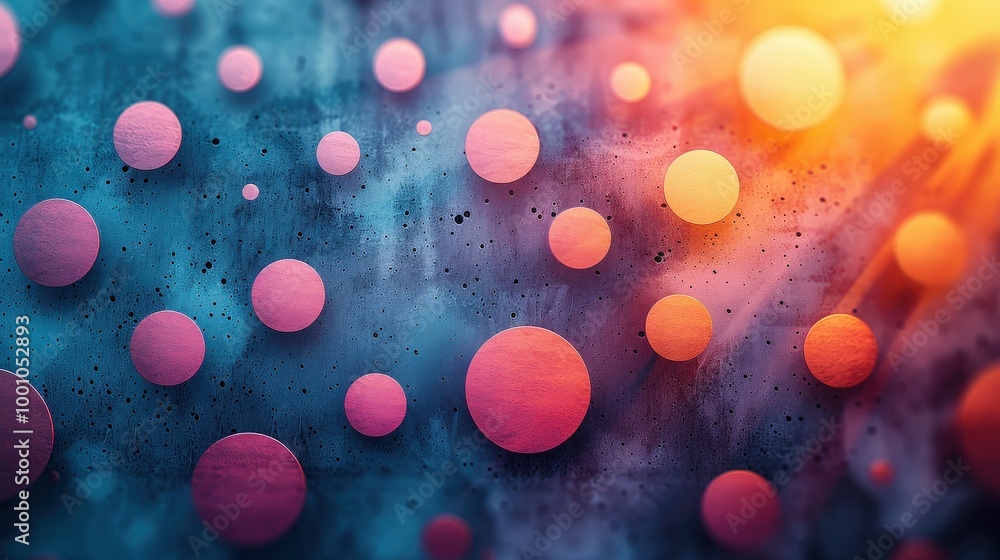 Aufkleber a vibrant arrangement of circles in shades of pink and orange floats over a textured blue surface, i