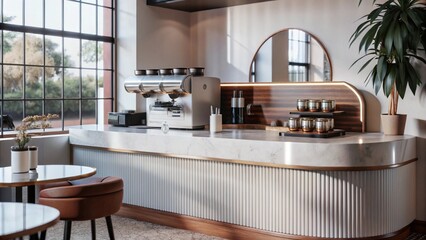 Minimal interior design of cafe or coffee cafe bar shop in clean minimalist style, decorated with warm tone, relaxing tones with glossy ivory white round corner counter and coffee machinery