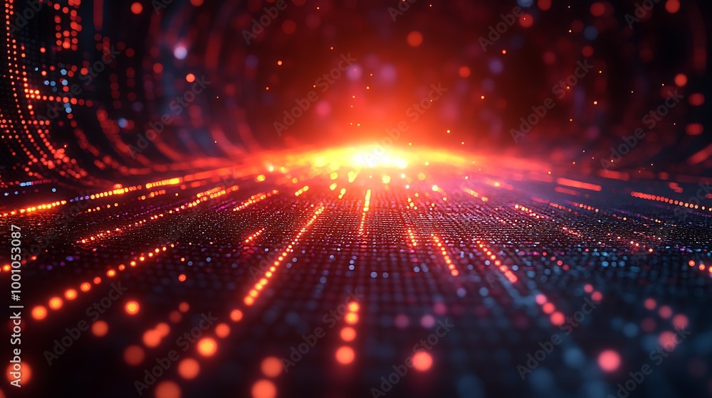 Wall mural abstract digital background with glowing particles and lines.