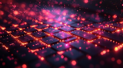 Obraz premium Abstract digital background with glowing squares and bokeh effect.