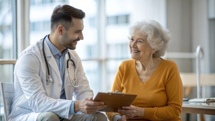 Caring man doctor talking and consult satisfied elderly female patient at clinic , doc doing regular checkup consultation to senior woman client