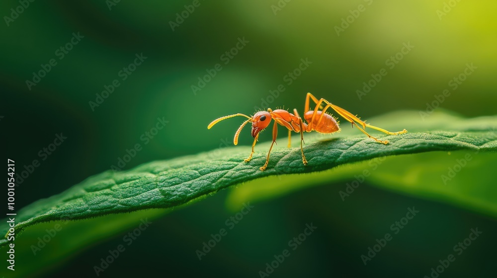 Poster a high-resolution image of a single ant on a green leaf, showcasing its fine details and texture as 