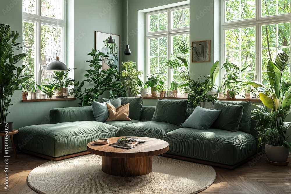 Aufkleber this inviting living space features a plush green sectional sofa surrounded by numerous indoor plant
