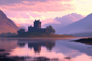 Majestic castle on a lake at sunset