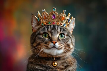 A tabby cat proudly displays a jewel-encrusted crown, sitting elegantly with piercing green eyes, set against a colorful and abstract backdrop