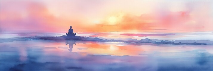 Naklejka premium Abstract Watercolor of Yoga Class on a Beach at Sunrise for Mental Health Awareness and Clarity