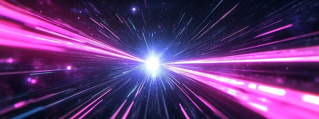 Naklejka premium Neon speed rays abstract background. A burst of pink light energy. The movement of luminous purple rays in space. 