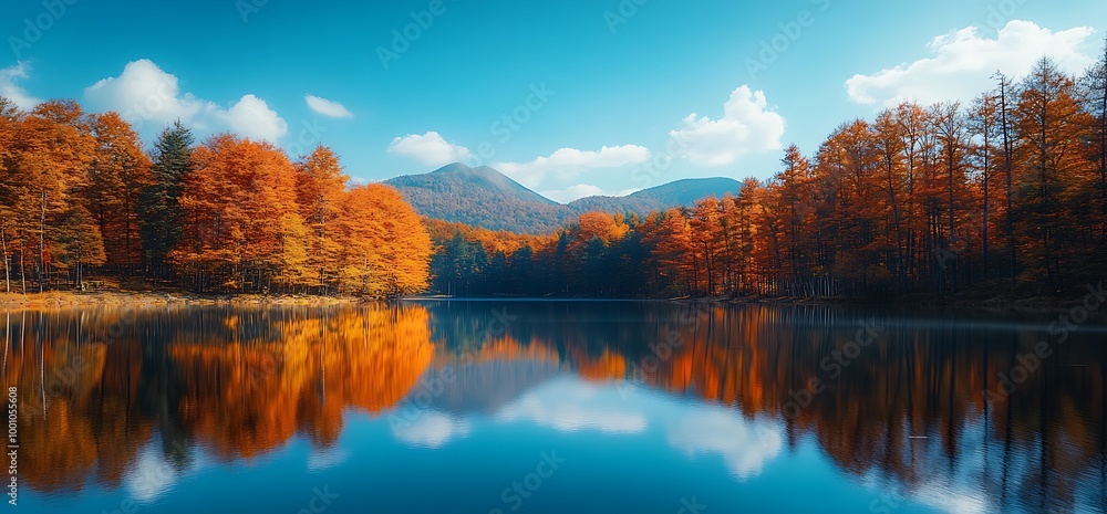 Wall mural tranquil lake reflecting vibrant autumn foliage and blue sky.