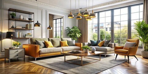 Fototapeta premium Explore chic interior design ideas with sleek furniture and refined decor, transforming a vibrant living space into a