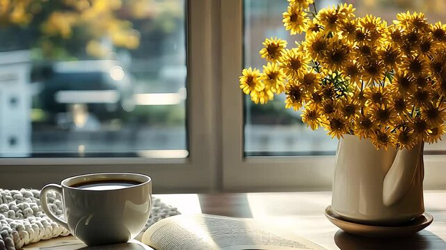 Cozy morning with coffee cup, vase of yellow flowers, soft sunlight through window, and peaceful home interior setting.
