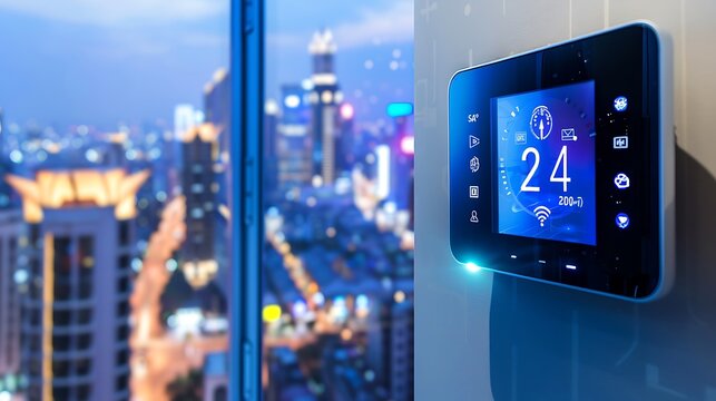 A smart thermostat on a wall with a view of a futuristic towns outside