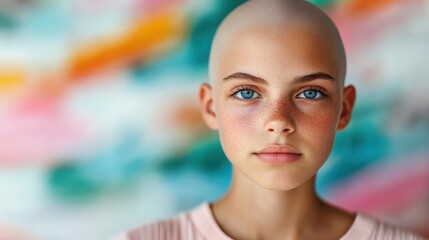 Naklejka premium A young girl with a bald head and freckles poses in front of a vibrant and colorful background, displaying a serene and gentle demeanor.