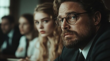 Fototapeta premium An intense scene with a bearded man wearing glasses and a suit, focused at a meeting, embodying leadership and concentration in a professional environment.