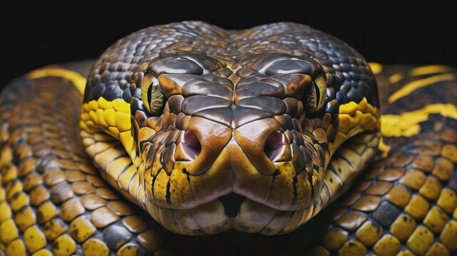 Close-up of a coiled snake with striking yellow and brown scales, sharp eyes focused intensely, capturing the intricate detail of its textured skin and natural patterns.